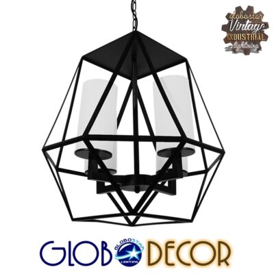 LEDTM® DASTAR 01001-1 Vintage Κρεμαστό Φωτιστικό Πλέγμα Πολύφωτο 4 x E27 IP20 Μαύρο Μέταλλο με Λευκό Γυαλί - Μ52 x Π52 x Υ53cm - Image 3