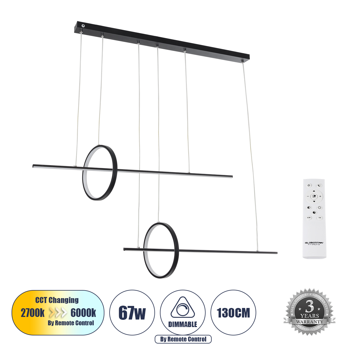 LEDTM® LINEARE 61290 Μοντέρνο Κρεμαστό Φωτιστικό Οροφής LED 67W 7504lm 300° AC 220-240V IP20 Ρυθμιζόμενο Λευκό CCT με Χειριστήριο από 2700K έως 6000K Dimmable - Lumileds SMD Chip - Μαύρο Ματ - Μ130 x Π25 x Υ60cm - 3 Χρόνια Εγγύηση - Image 2
