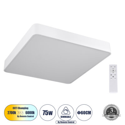 Alternative view of LEDTM® KAMALA 61209-S Μοντέρνο Φωτιστικό Οροφής LED 75W 8625lm 120° AC 220-240V IP20 Ρυθμιζόμενο Λευκό CCT με Χειριστήριο από 2700K έως 6000K Dimmable - Lumileds SMD Chip - Λευκό Ματ - Μ60 x Π60 x Υ8cm - 3 Χρόνια Εγγύηση