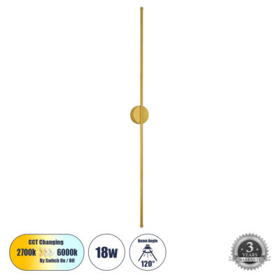 Alternative view of LEDTM® DIADEM 61334 Μοντέρνο Φωτιστικό Τοίχου - Απλίκα LED 18W 2160lm 120° AC 220-240V IP20 Ρυθμιζόμενο Λευκό CCT με On/Off 2700K/4500K/6000K - Lumileds SMD Chip - Χρυσό Βούρτσας - Μ10 x Π4 x Υ120cm - 3 Χρόνια Εγγύηση