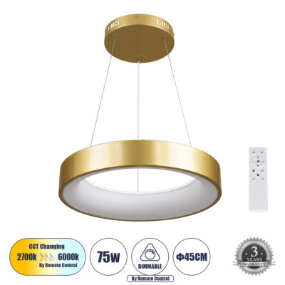 Alternative view of LEDTM® SALEM 61243 Μοντέρνο Κρεμαστό Φωτιστικό Οροφής LED 75W 8625lm 120° AC 220-240V IP20 Ρυθμιζόμενο Λευκό CCT με Χειριστήριο από 2700K έως 6000K Dimmable - Lumileds SMD Chip - Χρυσό - Μ45 x Π45 x Υ6cm - 3 Χρόνια Εγγύηση