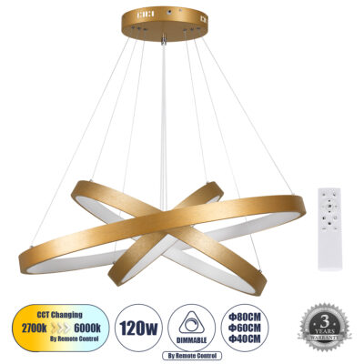 LEDTM® NEMESIS TRIO 61172-DECO Κρεμαστό Φωτιστικό Δαχτυλίδι-Κύκλος LED CCT 120W 14723lm 360° AC 220-240V - Εναλλαγή Φωτισμού μέσω Τηλεχειριστηρίου All In One Ψυχρό 6000k+Φυσικό 4500k+Θερμό 2700k Dimmable Φ40+60+80cm - Χρυσό Βούρτσας - 3 Years Warranty