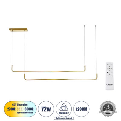 LEDTM® LINARIA DUO 60926 Μοντέρνο Κρεμαστό Φωτιστικό Οροφής LED 72W 8300lm 200° AC 220-240V IP20 Ρυθμιζόμενο Λευκό CCT με Χειριστήριο από 2700K έως 6000K Dimmable - Lumileds SMD Chip - Χρυσό Βούρτσας - Μ220 x Π4 x Υ25cm - 3 Χρόνια Εγγύηση