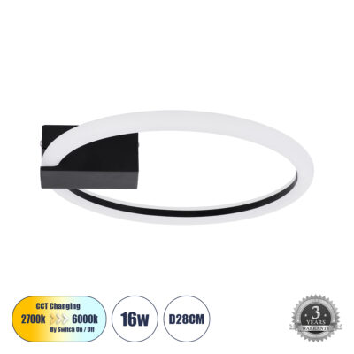 LEDTM® CINDERELLA 60976 Φωτιστικό Οροφής Δαχτυλίδι-Κύκλος LED CCT 16W 1792lm 360° AC 220-240V - Εναλλαγή Φωτισμού μέσω Διακόπτη On/Off All In One Ψυχρό 6000k+Φυσικό 4500k+Θερμό 2700k Φ28cm - Μαύρο - 3 Years Warranty