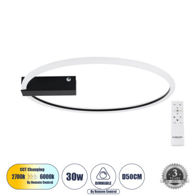 LEDTM® CINDERELLA 60980 Φωτιστικό Οροφής Δαχτυλίδι-Κύκλος LED CCT 30W 3360lm 360° AC 220-240V - Εναλλαγή Φωτισμού μέσω Τηλεχειριστηρίου All In One Ψυχρό 6000k+Φυσικό 4500k+Θερμό 2700k Dimmable Φ50cm - Μαύρο - 3 Years Warranty
