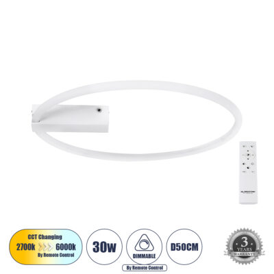 LEDTM® CINDERELLA 60981 Φωτιστικό Οροφής Δαχτυλίδι-Κύκλος LED CCT 30W 3360lm 360° AC 220-240V - Εναλλαγή Φωτισμού μέσω Τηλεχειριστηρίου All In One Ψυχρό 6000k+Φυσικό 4500k+Θερμό 2700k Dimmable Φ50cm - Λευκό - 3 Years Warranty