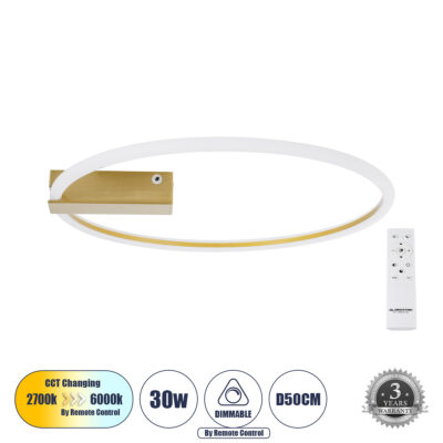LEDTM® CINDERELLA 60982 Φωτιστικό Οροφής Δαχτυλίδι-Κύκλος LED CCT 30W 3360lm 360° AC 220-240V - Εναλλαγή Φωτισμού μέσω Τηλεχειριστηρίου All In One Ψυχρό 6000k+Φυσικό 4500k+Θερμό 2700k Dimmable Φ50cm - Χρυσό Βούρτσας - 3 Years Warranty