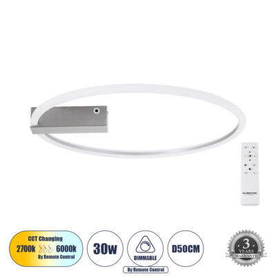 LEDTM® CINDERELLA 60983 Φωτιστικό Οροφής Δαχτυλίδι-Κύκλος LED CCT 30W 3360lm 360° AC 220-240V - Εναλλαγή Φωτισμού μέσω Τηλεχειριστηρίου All In One Ψυχρό 6000k+Φυσικό 4500k+Θερμό 2700k Dimmable Φ50cm - Χρώμιο Νικελ - 3 Years Warranty