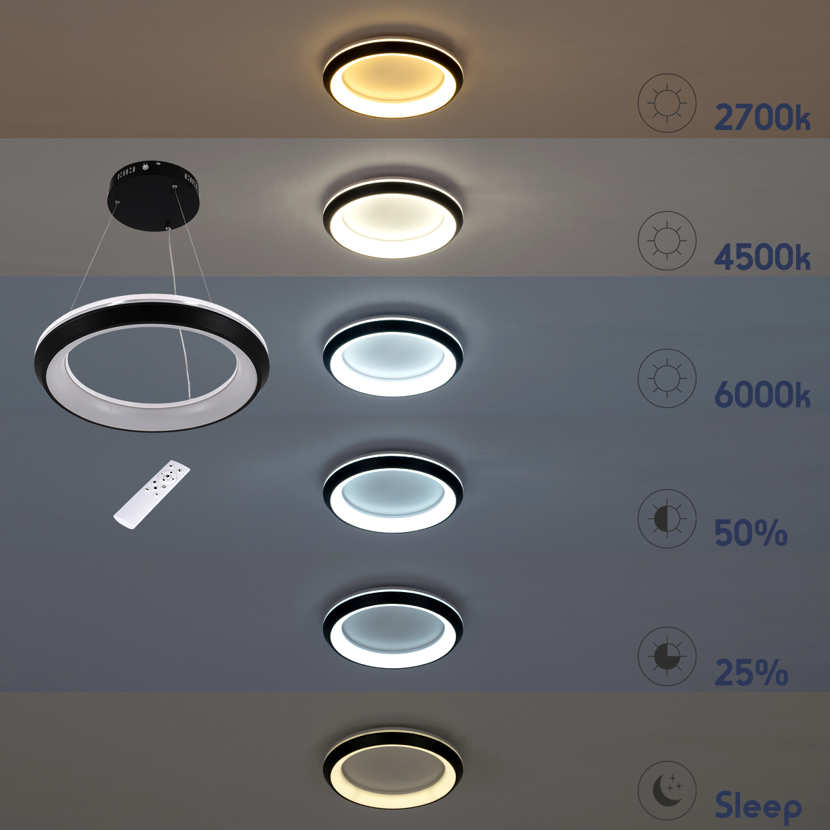 LEDTM® MELINA 61043 Μοντέρνο Κρεμαστό Φωτιστικό Οροφής LED 55W 6376lm 120° AC 220-240V IP20 Ρυθμιζόμενο Λευκό CCT με Χειριστήριο από 2700K έως 6000K Dimmable - Lumileds SMD Chip - Μαύρο Ματ - Μ48 x Π48 x Υ6.5cm - 3 Χρόνια Εγγύηση - Image 11