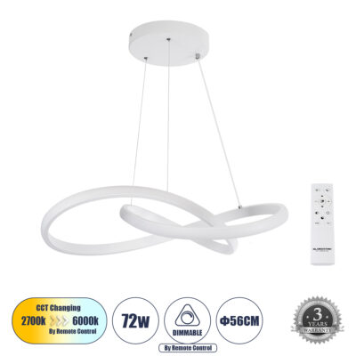 LEDTM® DEXTER 61050 Μοντέρνο Κρεμαστό Φωτιστικό Οροφής LED 72W 8064lm 300° AC 220-240V IP20 Ρυθμιζόμενο Λευκό CCT με Χειριστήριο από 2700K έως 6000K Dimmable - Lumileds SMD Chip - Λευκό Ματ - Μ56 x Π56 x Υ14cm - 3 Χρόνια Εγγύηση