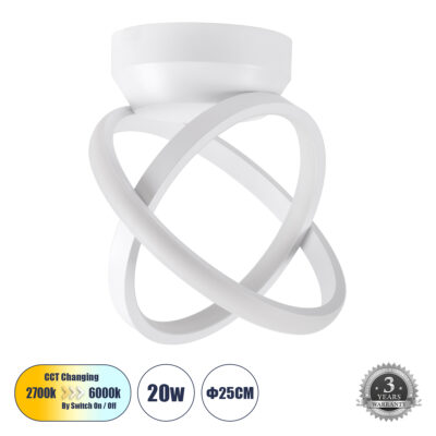 LEDTM® AMELIA 61053 Φωτιστικό Οροφής Design LED CCT 20W 2400lm 300° AC 220-240V - Εναλλαγή Φωτισμού μέσω Διακόπτη On/Off All In One Ψυχρό 6000k+Φυσικό 4500k+Θερμό 2700k Μ24.5 x Π16 x Υ25cm - Λευκό