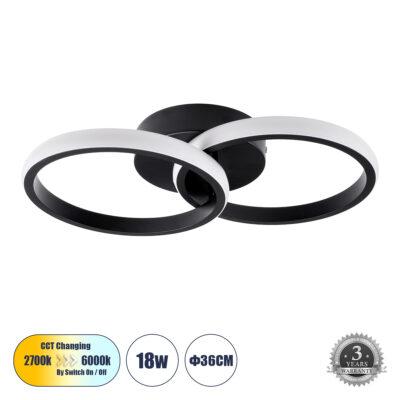 LEDTM® CORA 61058 Φωτιστικό Οροφής Design LED CCT 18W 2160lm 300° AC 220-240V - Εναλλαγή Φωτισμού μέσω Διακόπτη On/Off All In One Ψυχρό 6000k+Φυσικό 4500k+Θερμό 2700k Μ36 x Π20.5 x Υ7cm - Μαύρο