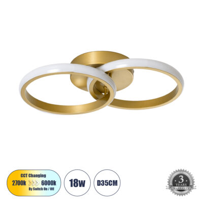 LEDTM® CORA 61060 Φωτιστικό Οροφής Design LED CCT 18W 2160lm 300° AC 220-240V - Εναλλαγή Φωτισμού μέσω Διακόπτη On/Off All In One Ψυχρό 6000k+Φυσικό 4500k+Θερμό 2700k Μ36 x Π20.5 x Υ7cm - Χρυσό Βούρτσας