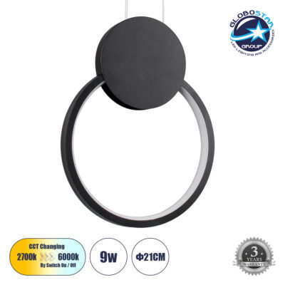 LEDTM® CYCLOS 61073 Κρεμαστό Φωτιστικό Οροφής Design LED CCT 9W 1080lm 300° AC 220-240V - Εναλλαγή Φωτισμού μέσω Διακόπτη On/Off All In One Ψυχρό 6000k+Φυσικό 4500k+Θερμό 2700k Μ21 x Π2.3 x Υ26.5cm - Μαύρο