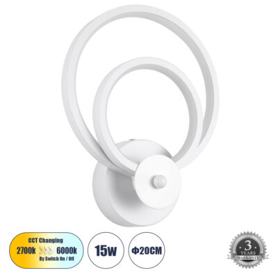 LEDTM® FREDDIE 61077 Φωτιστικό Τοίχου - Απλίκα Design LED CCT 15W 1800lm 300° AC 220-240V - Εναλλαγή Φωτισμού μέσω Διακόπτη On/Off All In One Ψυχρό 6000k+Φυσικό 4500k+Θερμό 2700k Μ20 x Π7.5 x Υ25cm - Λευκό
