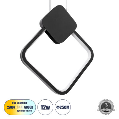 LEDTM® MARY 61082 Κρεμαστό Φωτιστικό Οροφής Design LED CCT 12W 1440lm 300° AC 220-240V - Εναλλαγή Φωτισμού μέσω Διακόπτη On/Off All In One Ψυχρό 6000k+Φυσικό 4500k+Θερμό 2700k Μ20 x Π2.3 x Υ28.5cm - Μαύρο
