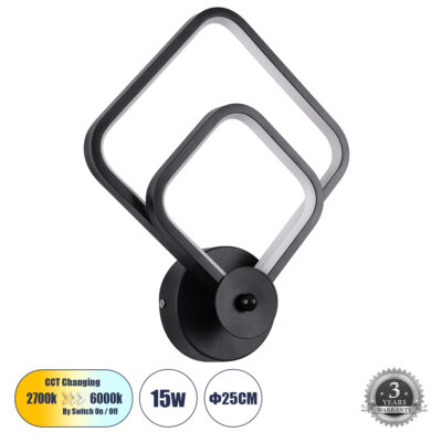 LEDTM® ANNA 61085 Φωτιστικό Τοίχου - Απλίκα Design LED CCT 15W 1800lm 300° AC 220-240V - Εναλλαγή Φωτισμού μέσω Διακόπτη On/Off All In One Ψυχρό 6000k+Φυσικό 4500k+Θερμό 2700k Μ25 x Π8 x Υ30cm - Μαύρο