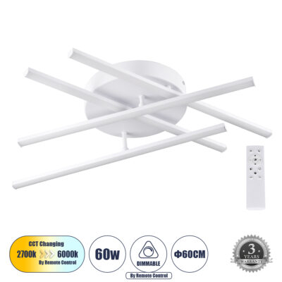 LEDTM® DRACO 61096 Μοντέρνο Φωτιστικό Οροφής LED 60W 7380lm 120° AC 220-240V IP20 Ρυθμιζόμενο Λευκό CCT με Χειριστήριο από 2700K έως 6000K Dimmable - Lumileds SMD Chip - Λευκό Ματ - Μ60 x Π60 x Υ11cm - 3 Χρόνια Εγγύηση