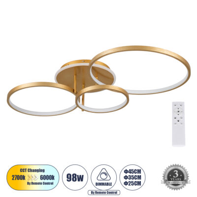 LEDTM® NEMESIS 61110 Μοντέρνο Φωτιστικό Οροφής LED 98W 11858lm 360° AC 220-240V IP20 Ρυθμιζόμενο Λευκό CCT με Χειριστήριο από 2700K έως 6000K Dimmable - Lumileds SMD Chip - Χρυσό Βούρτσας - Μ89 x Π60 x Υ19cm - 3 Χρόνια Εγγύηση
