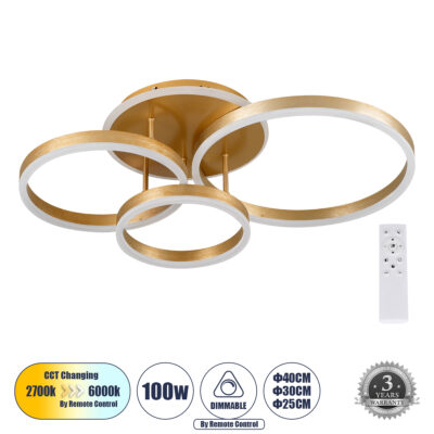 LEDTM® VENOM 61125 Μοντέρνο Φωτιστικό Οροφής LED 100W 12100lm 360° AC 220-240V IP20 Ρυθμιζόμενο Λευκό CCT με Χειριστήριο από 2700K έως 6000K Dimmable - Lumileds SMD Chip - Χρυσό Βούρτσας - Μ70 x Π40 x Υ16cm - 3 Χρόνια Εγγύηση