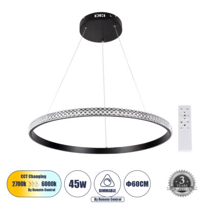 LEDTM® DIAMOND 61130 Μοντέρνο Κρεμαστό Φωτιστικό Οροφής LED 45W 5230lm 360° AC 220-240V IP20 Ρυθμιζόμενο Λευκό CCT με Χειριστήριο από 2700K έως 6000K Dimmable - Lumileds SMD Chip - Μαυρό Ματ - Μ60 x Π60 x Υ3cm - 3 Χρόνια Εγγύηση