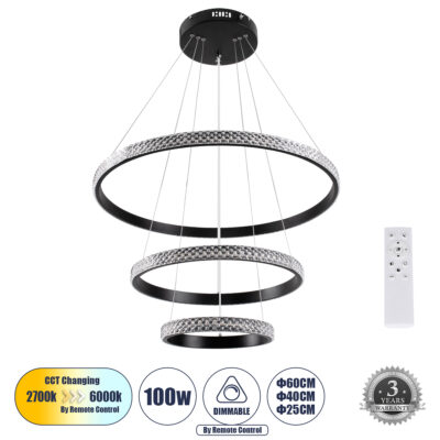 LEDTM® DIAMOND TRIO 61136 Μοντέρνο Κρεμαστό Φωτιστικό Οροφής LED 100W 12123lm 360° AC 220-240V IP20 Ρυθμιζόμενο Λευκό CCT με Χειριστήριο από 2700K έως 6000K Dimmable - Lumileds SMD Chip - Μαυρό Ματ - Μ60 x Π60 x Υ60cm - 3 Χρόνια Εγγύηση