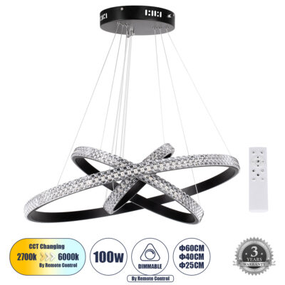 LEDTM® DIAMOND TRIO 61136-DECO Κρεμαστό Φωτιστικό Δαχτυλίδι-Κύκλος LED CCT 100W 12123lm 360° AC 220-240V - Εναλλαγή Φωτισμού μέσω Τηλεχειριστηρίου All In One Ψυχρό 6000k+Φυσικό 4500k+Θερμό 2700k Dimmable Φ25+40+60cm - Μαύρο - 3 Years Warranty