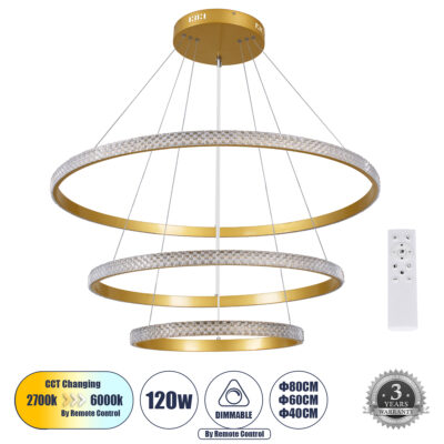 LEDTM® DIAMOND TRIO 61139 Μοντέρνο Κρεμαστό Φωτιστικό Οροφής LED 120W 14723lm 360° AC 220-240V IP20 Ρυθμιζόμενο Λευκό CCT με Χειριστήριο από 2700K έως 6000K Dimmable - Lumileds SMD Chip - Χρυσό Βούρτσας - Μ80 x Π80 x Υ60cm - 3 Χρόνια Εγγύηση