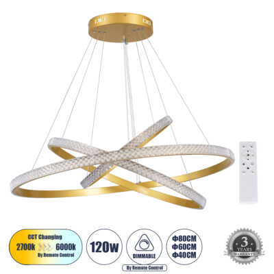 LEDTM® DIAMOND TRIO 61139-DECO Κρεμαστό Φωτιστικό Δαχτυλίδι-Κύκλος LED CCT 120W 14723lm 360° AC 220-240V - Εναλλαγή Φωτισμού μέσω Τηλεχειριστηρίου All In One Ψυχρό 6000k+Φυσικό 4500k+Θερμό 2700k Dimmable Φ40+60+80cm - Χρυσό Βούρτσας - 3 Years Warranty