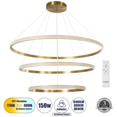 LEDTM® DIAMOND TRIO 61141 Μοντέρνο Κρεμαστό Φωτιστικό Οροφής LED 150W 18379lm 360° AC 220-240V IP20 Ρυθμιζόμενο Λευκό CCT με Χειριστήριο από 2700K έως 6000K Dimmable - Lumileds SMD Chip - Χρυσό Βούρτσας - Μ100 x Π100 x Υ60cm - 3 Χρόνια Εγγύηση