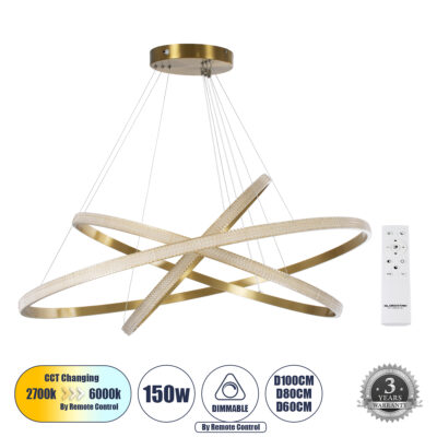 LEDTM® DIAMOND TRIO 61141-DECO Κρεμαστό Φωτιστικό Δαχτυλίδι-Κύκλος LED CCT 150W 18379lm 360° AC 220-240V - Εναλλαγή Φωτισμού μέσω Τηλεχειριστηρίου All In One Ψυχρό 6000k+Φυσικό 4500k+Θερμό 2700k Dimmable Φ60+80+100cm - Χρυσό Βούρτσας - 3 Years Warrant