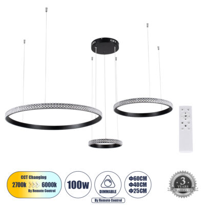 LEDTM® DIAMOND TRIO 61142 Μοντέρνο Κρεμαστό Φωτιστικό Οροφής LED 100W 12123lm 360° AC 220-240V IP20 Ρυθμιζόμενο Λευκό CCT με Χειριστήριο από 2700K έως 6000K Dimmable - Lumileds SMD Chip - Μαυρό Ματ - Μ110 x Π110 x Υ60cm - 3 Χρόνια Εγγύηση