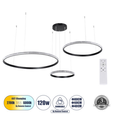 LEDTM® DIAMOND TRIO 61144 Μοντέρνο Κρεμαστό Φωτιστικό Οροφής LED 120W 14723lm 360° AC 220-240V IP20 Ρυθμιζόμενο Λευκό CCT με Χειριστήριο από 2700K έως 6000K Dimmable - Lumileds SMD Chip - Μαυρό Ματ - Μ150 x Π150 x Υ60cm - 3 Χρόνια Εγγύηση