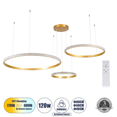 LEDTM® DIAMOND TRIO 61145 Μοντέρνο Κρεμαστό Φωτιστικό Οροφής LED 120W 14723lm 360° AC 220-240V IP20 Ρυθμιζόμενο Λευκό CCT με Χειριστήριο από 2700K έως 6000K Dimmable - Lumileds SMD Chip - Χρυσό Βούρτσας - Μ150 x Π150 x Υ60cm - 3 Χρόνια Εγγύηση