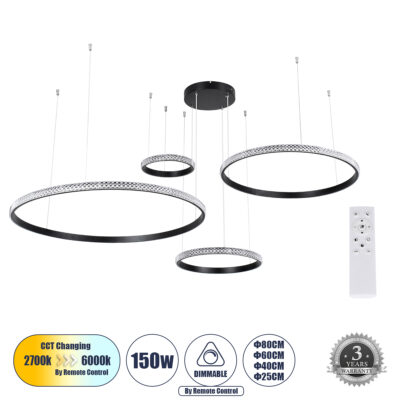 LEDTM® DIAMOND TETRA 61148 Κρεμαστό Φωτιστικό Δαχτυλίδι-Κύκλος LED CCT 150W 18379lm 360° AC 220-240V - Εναλλαγή Φωτισμού μέσω Τηλεχειριστηρίου All In One Ψυχρό 6000k+Φυσικό 4500k+Θερμό 2700k Dimmable Φ25+40+60+80cm - Μαύρο - 3 Years Warranty