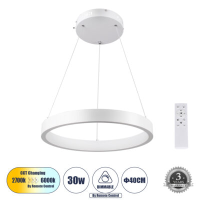 LEDTM® NEMESIS 61156 Μοντέρνο Κρεμαστό Φωτιστικό Οροφής LED 30W 3513lm 360° AC 220-240V IP20 Ρυθμιζόμενο Λευκό CCT με Χειριστήριο από 2700K έως 6000K Dimmable - Lumileds SMD Chip - Λευκό Ματ - Μ40 x Π40 x Υ4cm - 3 Χρόνια Εγγύηση