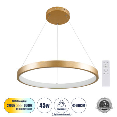 LEDTM® NEMESIS 61160 Μοντέρνο Κρεμαστό Φωτιστικό Οροφής LED 45W 5230lm 360° AC 220-240V IP20 Ρυθμιζόμενο Λευκό CCT με Χειριστήριο από 2700K έως 6000K Dimmable - Lumileds SMD Chip - Χρυσό Βούρτσας - Μ60 x Π60 x Υ4cm - 3 Χρόνια Εγγύηση
