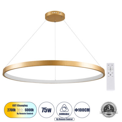 LEDTM® NEMESIS 61166 Μοντέρνο Κρεμαστό Φωτιστικό Οροφής LED 75W 8743lm 360° AC 220-240V IP20 Ρυθμιζόμενο Λευκό CCT με Χειριστήριο από 2700K έως 6000K Dimmable - Lumileds SMD Chip - Χρυσό Βούρτσας - Μ100 x Π100 x Υ4cm - 3 Χρόνια Εγγύηση