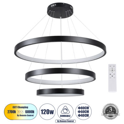 LEDTM® NEMESIS TRIO 61170 Μοντέρνο Κρεμαστό Φωτιστικό Οροφής LED 120W 14723lm 360° AC 220-240V IP20 Ρυθμιζόμενο Λευκό CCT με Χειριστήριο από 2700K έως 6000K Dimmable - Lumileds SMD Chip - Μαύρο Ματ - Μ80 x Π80 x Υ60cm - 3 Χρόνια Εγγύηση