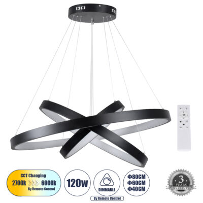 LEDTM® NEMESIS TRIO 61170-DECO Κρεμαστό Φωτιστικό Δαχτυλίδι-Κύκλος LED CCT 120W 14723lm 360° AC 220-240V - Εναλλαγή Φωτισμού μέσω Τηλεχειριστηρίου All In One Ψυχρό 6000k+Φυσικό 4500k+Θερμό 2700k Dimmable Φ40+60+80cm - Μαύρο - 3 Years Warranty