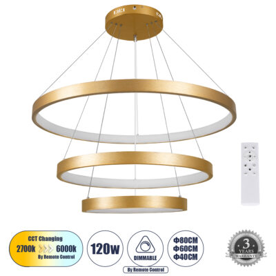LEDTM® NEMESIS TRIO 61172 Μοντέρνο Κρεμαστό Φωτιστικό Οροφής LED 120W 14723lm 360° AC 220-240V IP20 Ρυθμιζόμενο Λευκό CCT με Χειριστήριο από 2700K έως 6000K Dimmable - Lumileds SMD Chip - Χρυσό Βούρτσας - Μ80 x Π80 x Υ60cm - 3 Χρόνια Εγγύηση