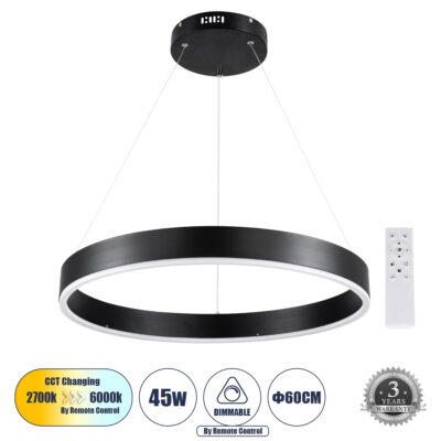 LEDTM® VENOM 61176 Κρεμαστό Φωτιστικό Δαχτυλίδι-Κύκλος LED CCT 45W 5269lm 120° AC 220-240V - Εναλλαγή Φωτισμού μέσω Τηλεχειριστηρίου All In One Ψυχρό 6000K+Φυσικό 4500K+Θερμό 2700K Dimmable Φ60cm - Μαύρο - 3 Years Warranty
