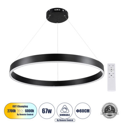 LEDTM® VENOM 61179 Μοντέρνο Κρεμαστό Φωτιστικό Οροφής LED 67W 7863lm 120° AC 220-240V IP20 Ρυθμιζόμενο Λευκό CCT με Χειριστήριο από 2700K έως 6000K Dimmable - Lumileds SMD Chip - Μαύρο Ματ - Μ80 x Π80 x Υ6.5cm - 3 Χρόνια Εγγύηση