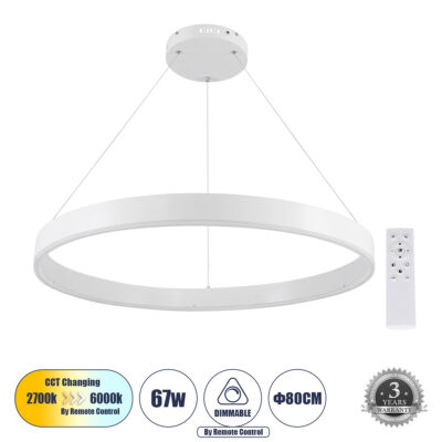 LEDTM® VENOM 61180 Μοντέρνο Κρεμαστό Φωτιστικό Οροφής LED 67W 7863lm 120° AC 220-240V IP20 Ρυθμιζόμενο Λευκό CCT με Χειριστήριο από 2700K έως 6000K Dimmable - Lumileds SMD Chip - Λευκό Ματ - Μ80 x Π80 x Υ6.5cm - 3 Χρόνια Εγγύηση