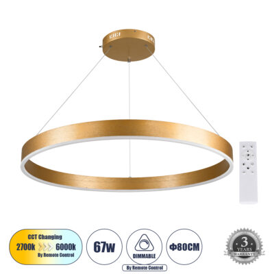 LEDTM® VENOM 61181 Μοντέρνο Κρεμαστό Φωτιστικό Οροφής LED 67W 7863lm 120° AC 220-240V IP20 Ρυθμιζόμενο Λευκό CCT με Χειριστήριο από 2700K έως 6000K Dimmable - Lumileds SMD Chip - Χρυσό Βούρτσας - Μ80 x Π80 x Υ6.5cm - 3 Χρόνια Εγγύηση