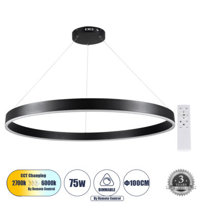 LEDTM® VENOM 61182 Μοντέρνο Κρεμαστό Φωτιστικό Οροφής LED 75W 8818lm 120° AC 220-240V IP20 Ρυθμιζόμενο Λευκό CCT με Χειριστήριο από 2700K έως 6000K Dimmable - Lumileds SMD Chip - Μαύρο Ματ - Μ100 x Π100 x Υ6.5cm - 3 Χρόνια Εγγύηση