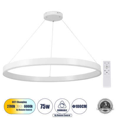 LEDTM® VENOM 61183 Μοντέρνο Κρεμαστό Φωτιστικό Οροφής LED 75W 8818lm 120° AC 220-240V IP20 Ρυθμιζόμενο Λευκό CCT με Χειριστήριο από 2700K έως 6000K Dimmable - Lumileds SMD Chip - Λευκό Ματ - Μ100 x Π100 x Υ6.5cm - 3 Χρόνια Εγγύηση