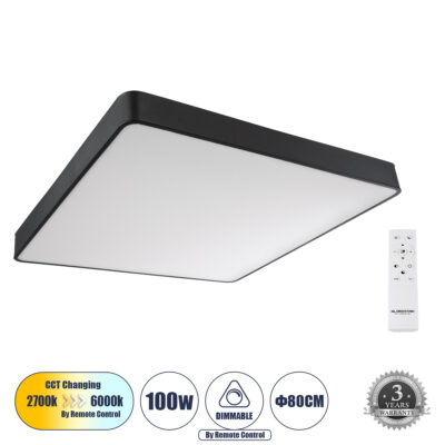 LEDTM® KAMALA 61210-S Πλαφονιέρα Οροφής LED CCT 100W 11020lm 120° AC 220-240V - Εναλλαγή Φωτισμού μέσω Τηλεχειριστηρίου All In One Ψυχρό 6000k+Φυσικό 4500k+Θερμό 2700k Dimmable Μ80 x Π80 x Υ8cm- Μαύρο - 3 Years Warranty