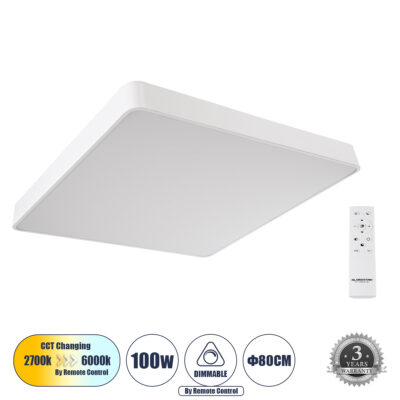 LEDTM® KAMALA 61211-S Πλαφονιέρα Οροφής LED CCT 100W 11020lm 120° AC 220-240V - Εναλλαγή Φωτισμού μέσω Τηλεχειριστηρίου All In One Ψυχρό 6000k+Φυσικό 4500k+Θερμό 2700k Dimmable Μ80 x Π80 x Υ8cm - Λευκό - 3 Years Warranty
