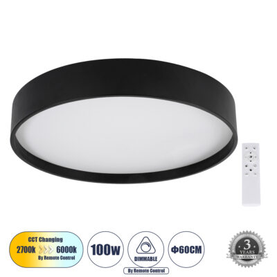 LEDTM® NARNIA 61259 Πλαφονιέρα Οροφής LED CCT 100W 11500lm 120° AC 220-240V - Εναλλαγή Φωτισμού μέσω Τηλεχειριστηρίου All In One Ψυχρό 6000k+Φυσικό 4500k+Θερμό 2700k Dimmable Φ60 x Υ10cm - Μαύρο - 3 Years Warranty